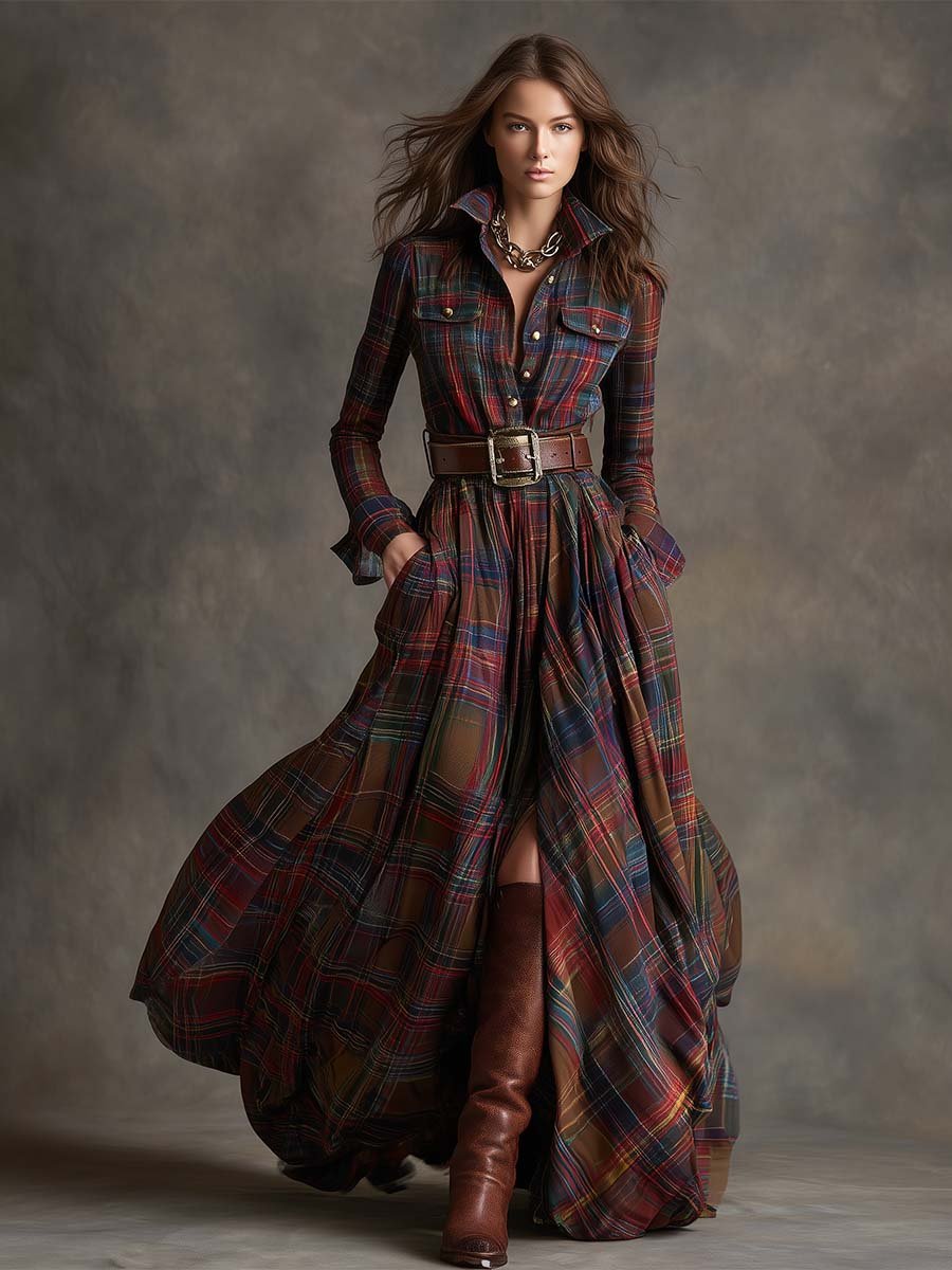 Giulia | Vestido Largo de Cuadros Étnico Retro - Isabel de Sevilla