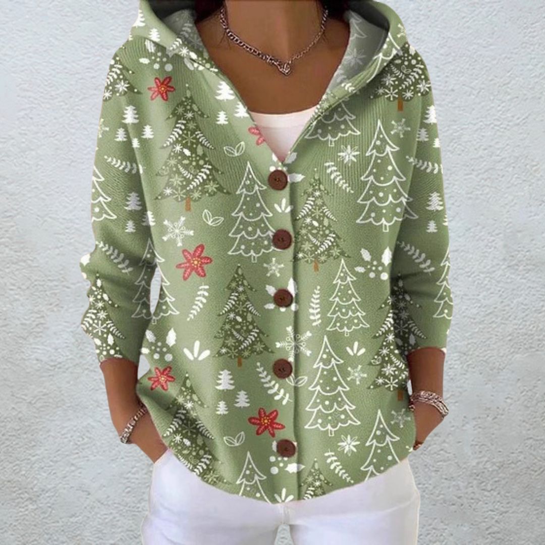 Amparo | Cárdigan con Capucha y Estampado de Árboles de Navidad - Isabel de Sevilla