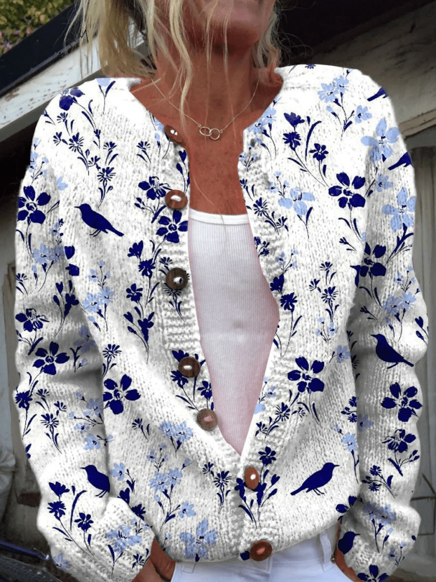 Paloma | Cárdigan Vintage con Estampado Floral de Pájaros y Botones - Isabel de Sevilla