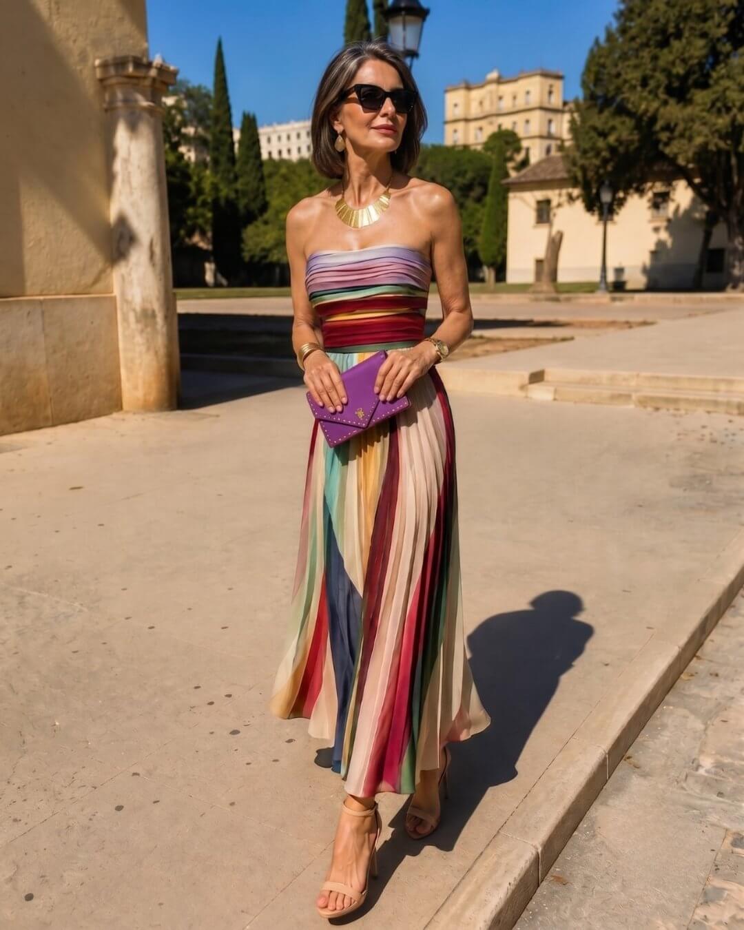Lucía | Vestido Maxi Strapless Plisado Multicolor - Isabel de Sevilla