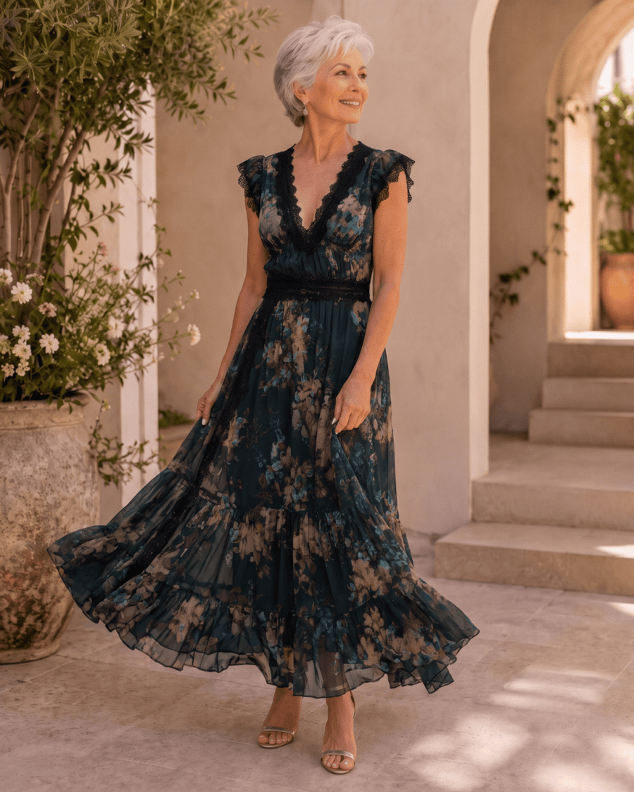 Andrea | Vestido Maxi Floral Bohemio con Escote en V y Encaje - Isabel de Sevilla