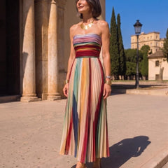 Lucía | Vestido Maxi Strapless Plisado Multicolor - Isabel de Sevilla