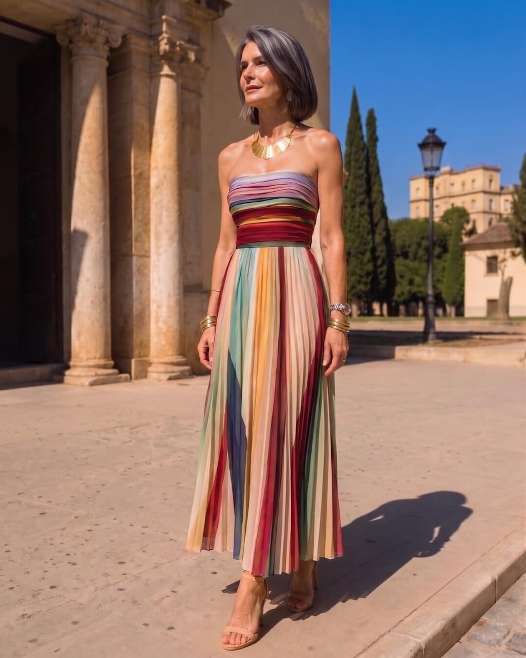 Lucía | Vestido Maxi Strapless Plisado Multicolor - Isabel de Sevilla