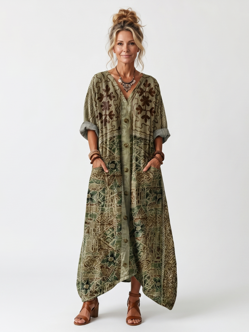 Nuria | Vestido Midi Oversize con Botones y Bolsillos