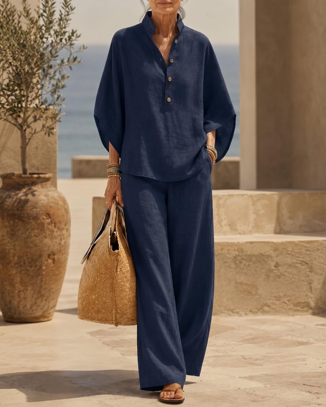 Maribel | Conjunto de lino con mangas murciélagos y pantalón ancho - Isabel de Sevilla