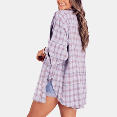 Aitana | Camisa Oversize a Cuadros con Bolsillo y Bajo Deshilachado - Isabel de Sevilla