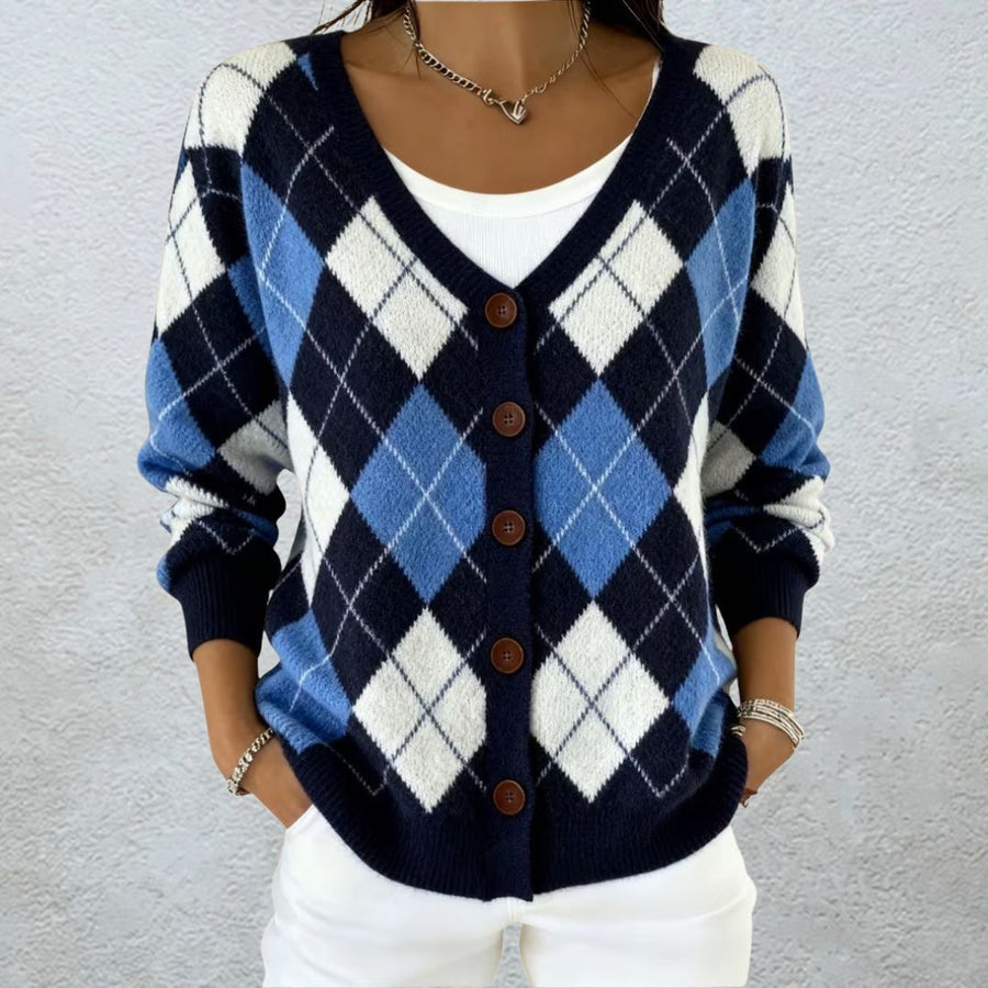 Consuelo | Cárdigan de Punto con Estampado de Rombos Estilo Argyle - Isabel de Sevilla