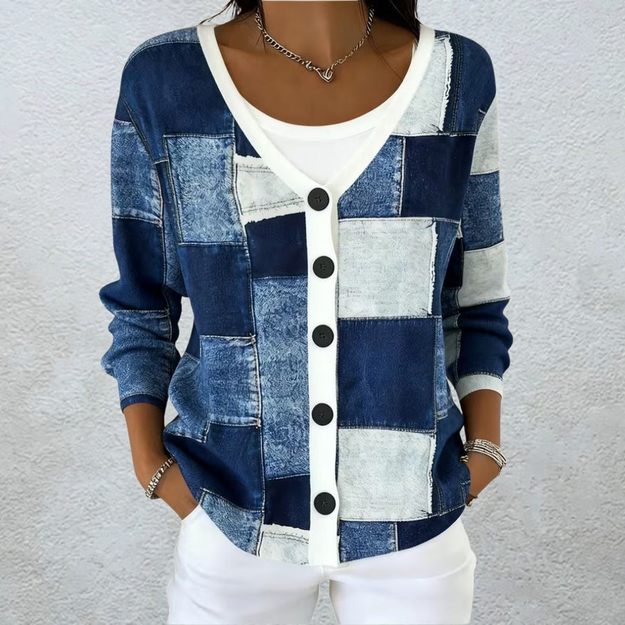 Casilda | Cárdigan con Estampado Patchwork Efecto Vaquero - Isabel de Sevilla