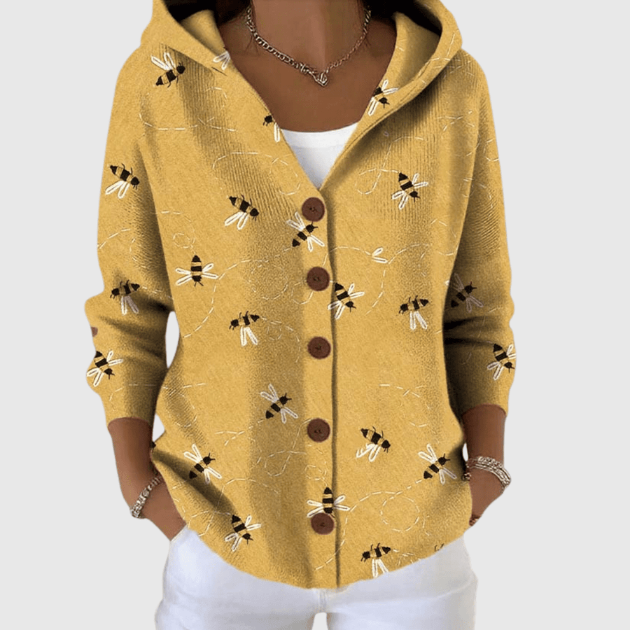 Marta | Cárdigan con Capucha y Estampado de Abejas en Amarillo