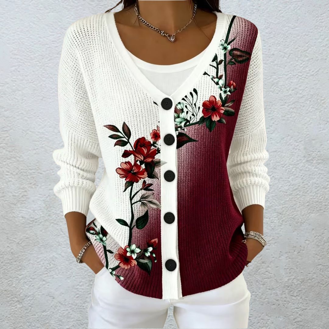 Asunción | Cárdigan Bicolor con Estampado Floral Burdeos - Isabel de Sevilla