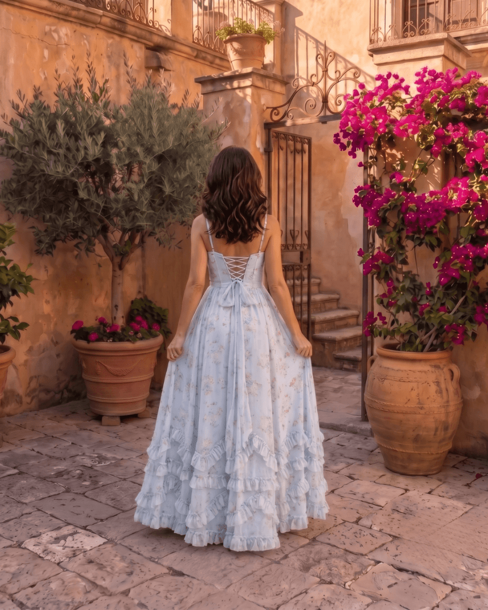 Valentina | Vestido Maxi de Gasa con Corsé Floral - Isabel de Sevilla