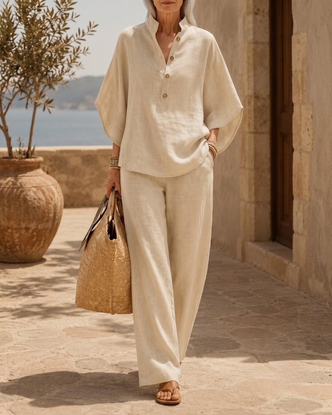 Maribel | Conjunto de lino con mangas murciélagos y pantalón ancho - Isabel de Sevilla