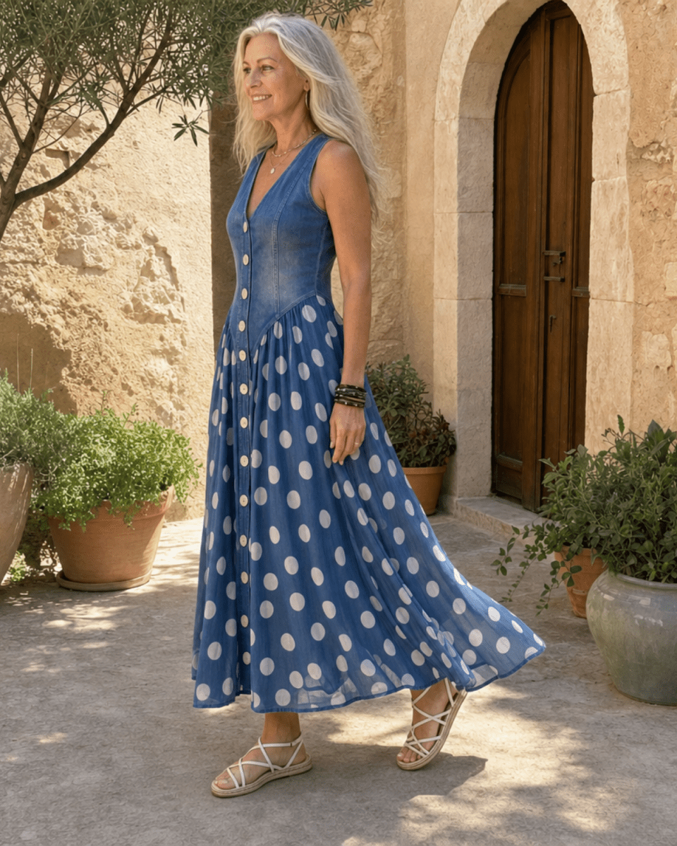 Consuelo | Vestido midi de gasa con estampado de lunares - Isabel de Sevilla