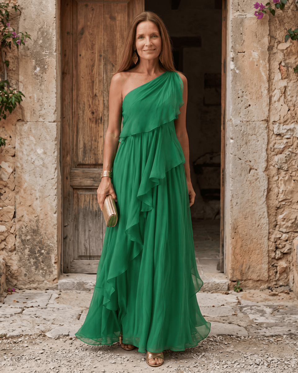 Lucía | Vestido Maxi de Gasa de Un Hombro - Isabel de Sevilla