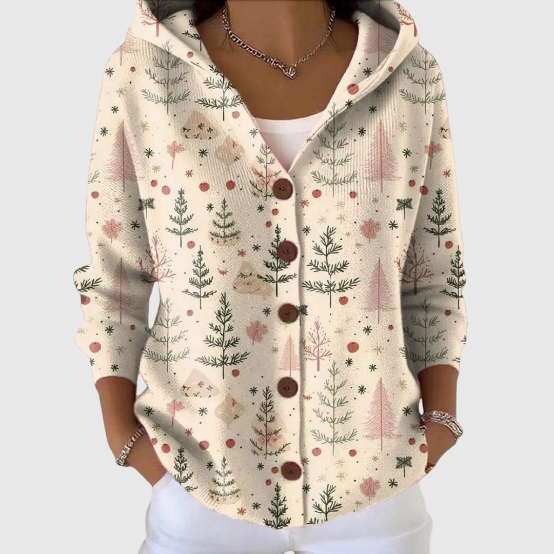 Lucía | Cárdigan con Capucha y Estampado Navideño en Tonos Suaves