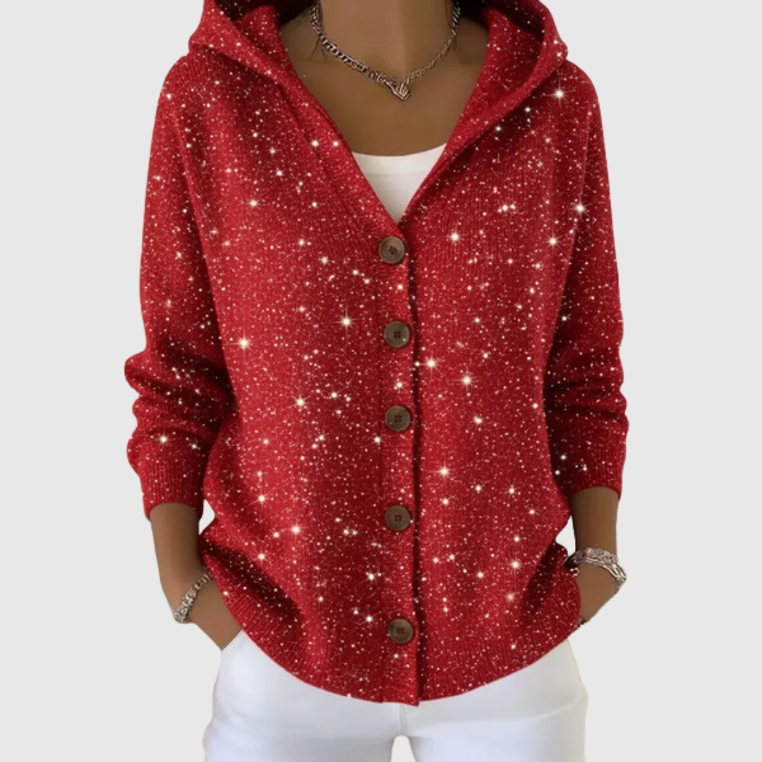 Irene | Cárdigan con Capucha Rojo Efecto Brillante