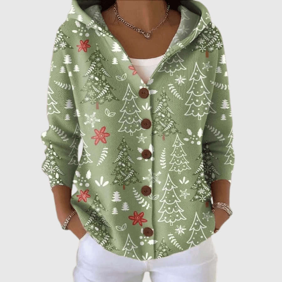 Amparo | Cárdigan con Capucha y Estampado de Árboles de Navidad