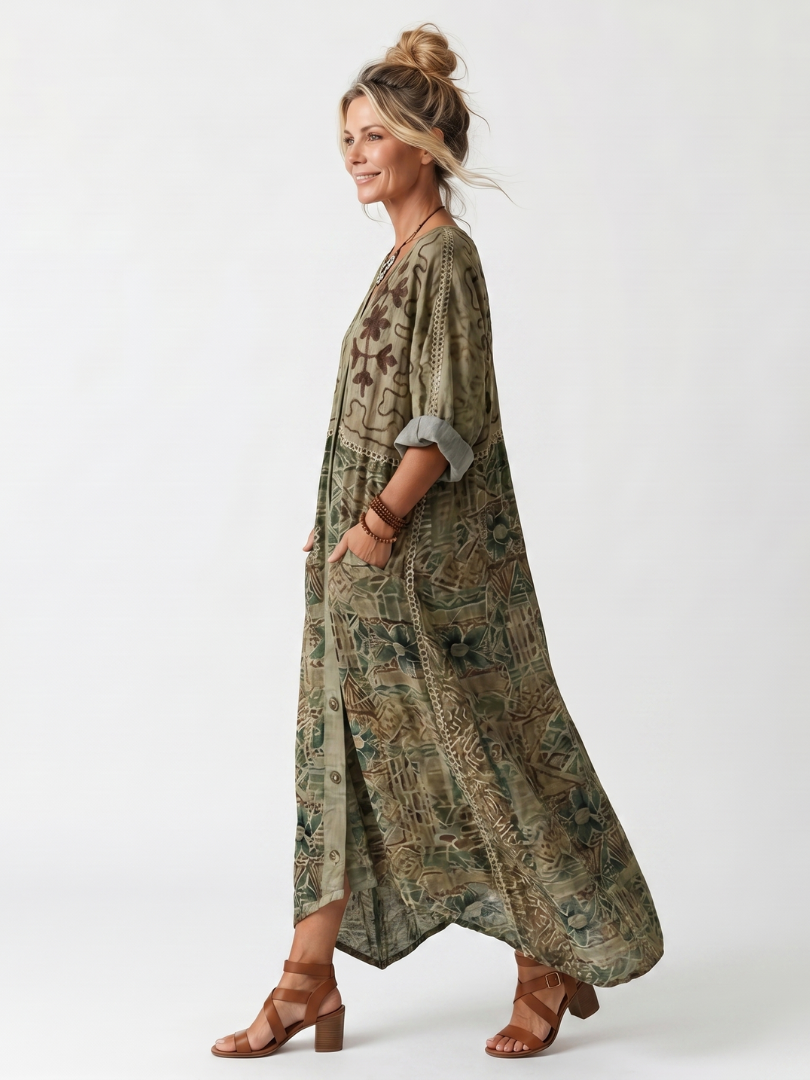 Nuria | Vestido Midi Oversize con Botones y Bolsillos