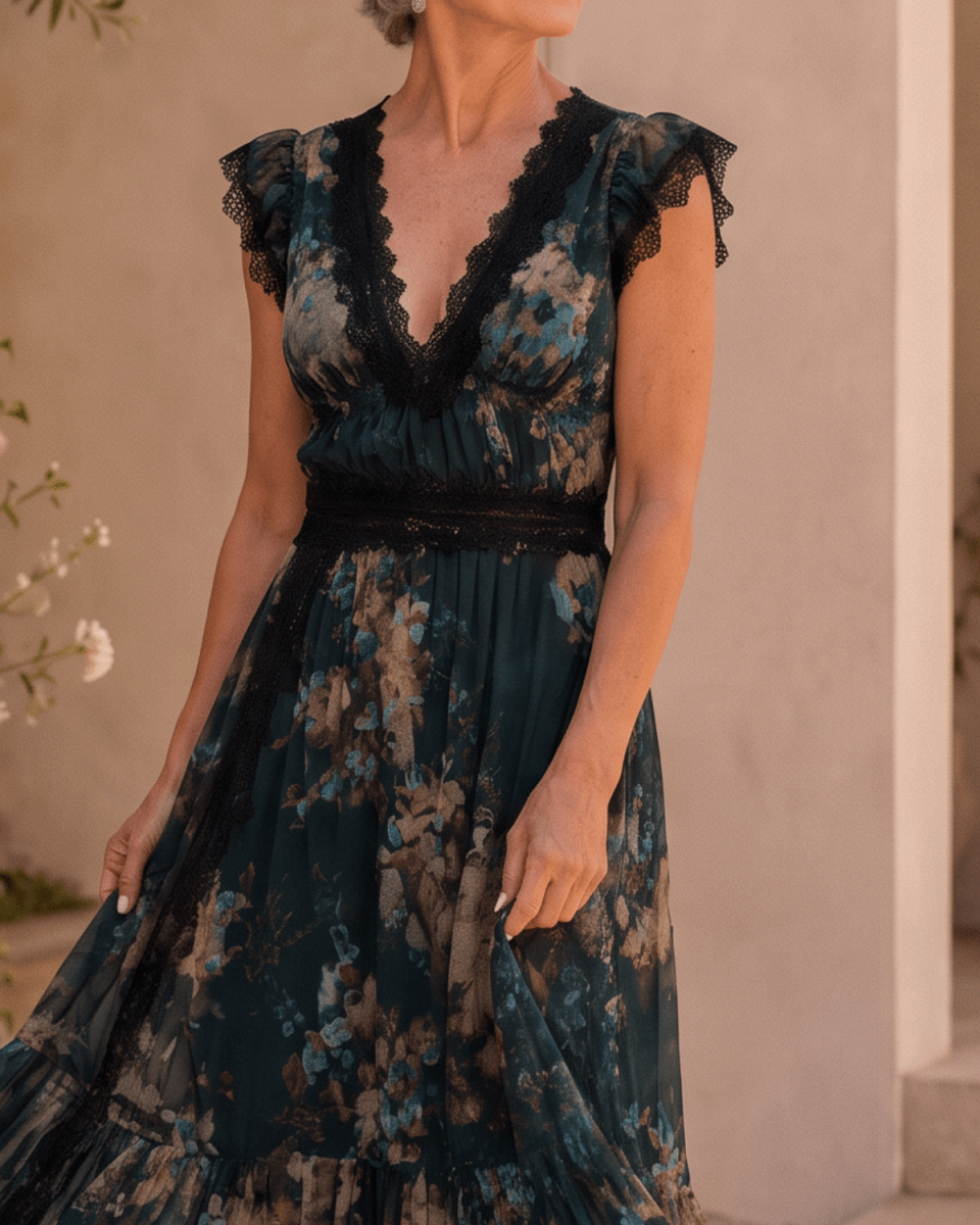 Andrea | Vestido Maxi Floral Bohemio con Escote en V y Encaje - Isabel de Sevilla