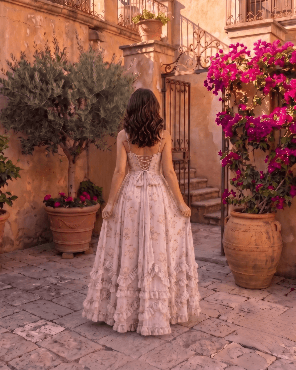 Valentina | Vestido Maxi de Gasa con Corsé Floral - Isabel de Sevilla