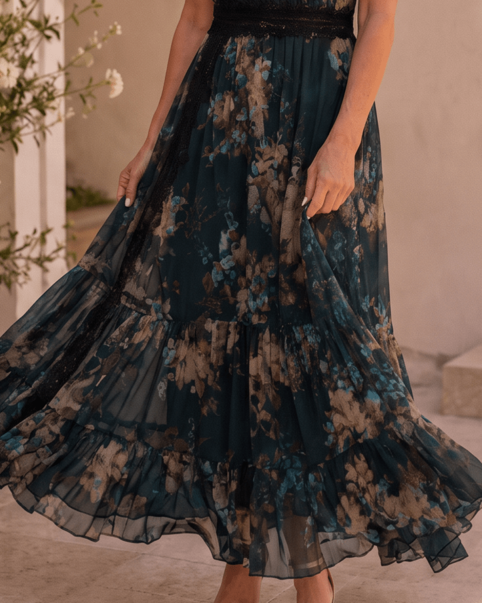 Andrea | Vestido Maxi Floral Bohemio con Escote en V y Encaje - Isabel de Sevilla