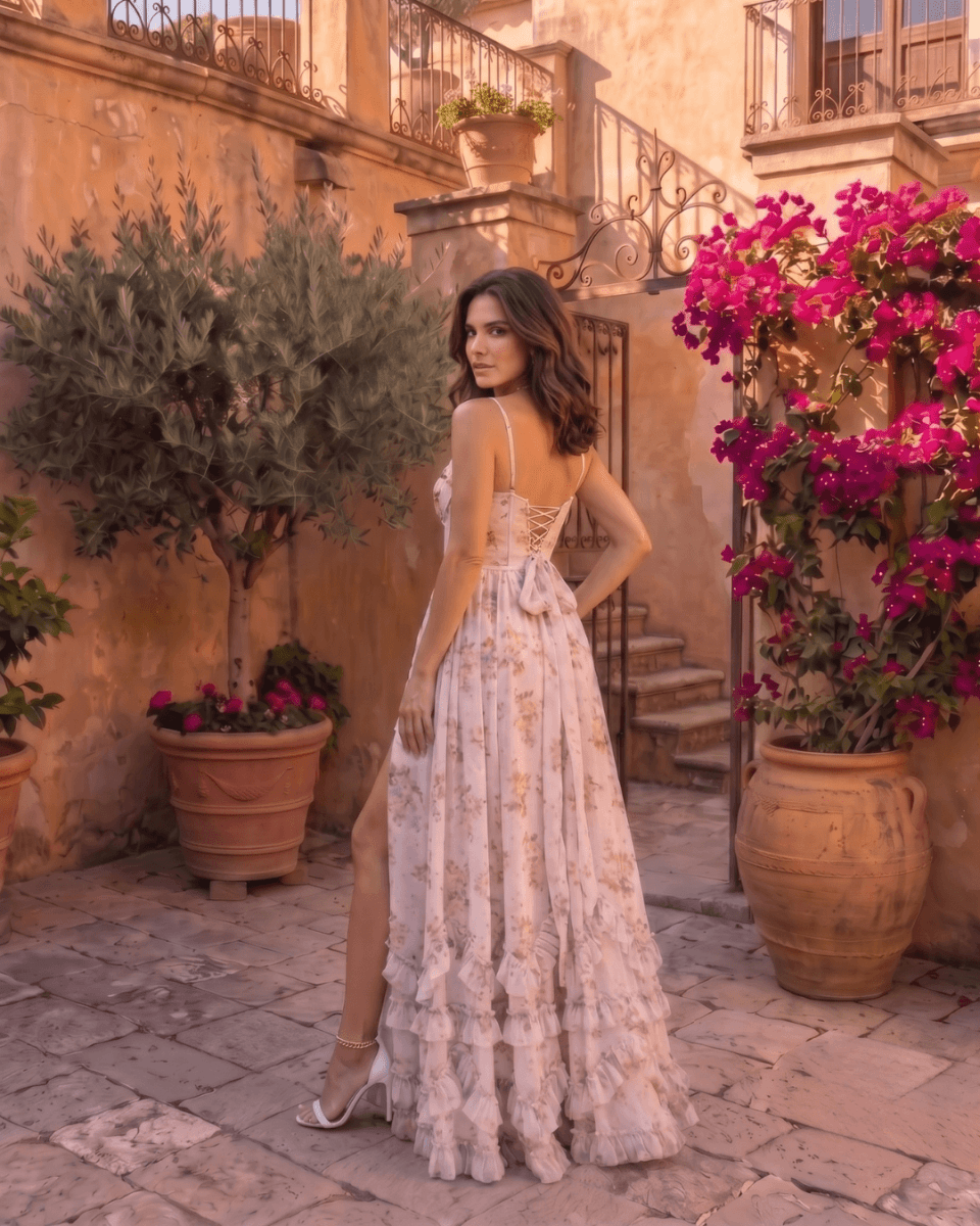 Valentina | Vestido Maxi de Gasa con Corsé Floral - Isabel de Sevilla