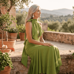 Alessandra | Vestido Halter Asimétrico de Gasa - Isabel de Sevilla