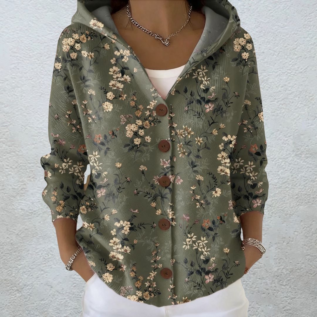 Pilar | Cárdigan con Capucha y Estampado Floral Verde Kaki - Isabel de Sevilla