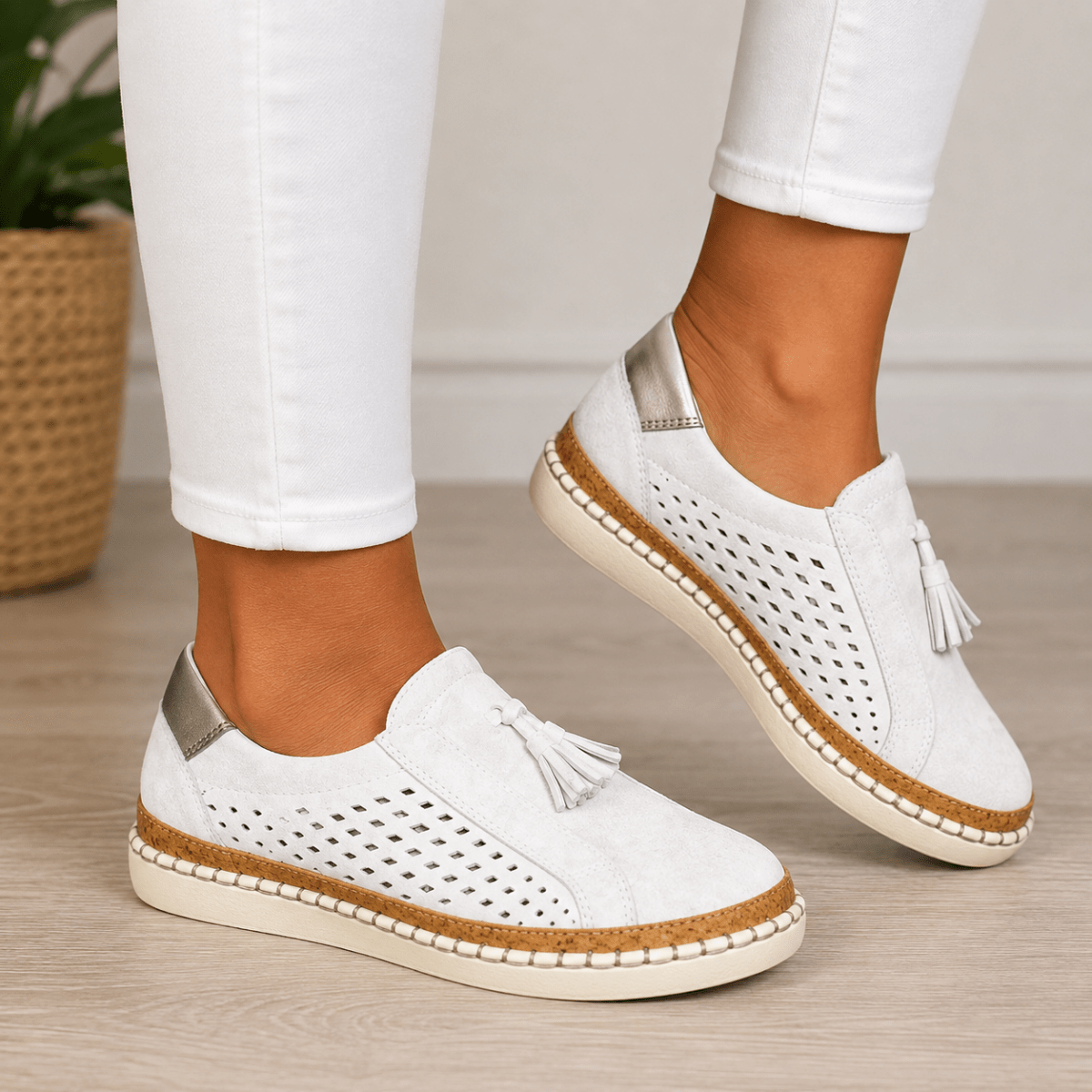 Carmen | Zapatillas Slip-On Perforadas con Borlas y Suela de Corcho - Isabel de Sevilla