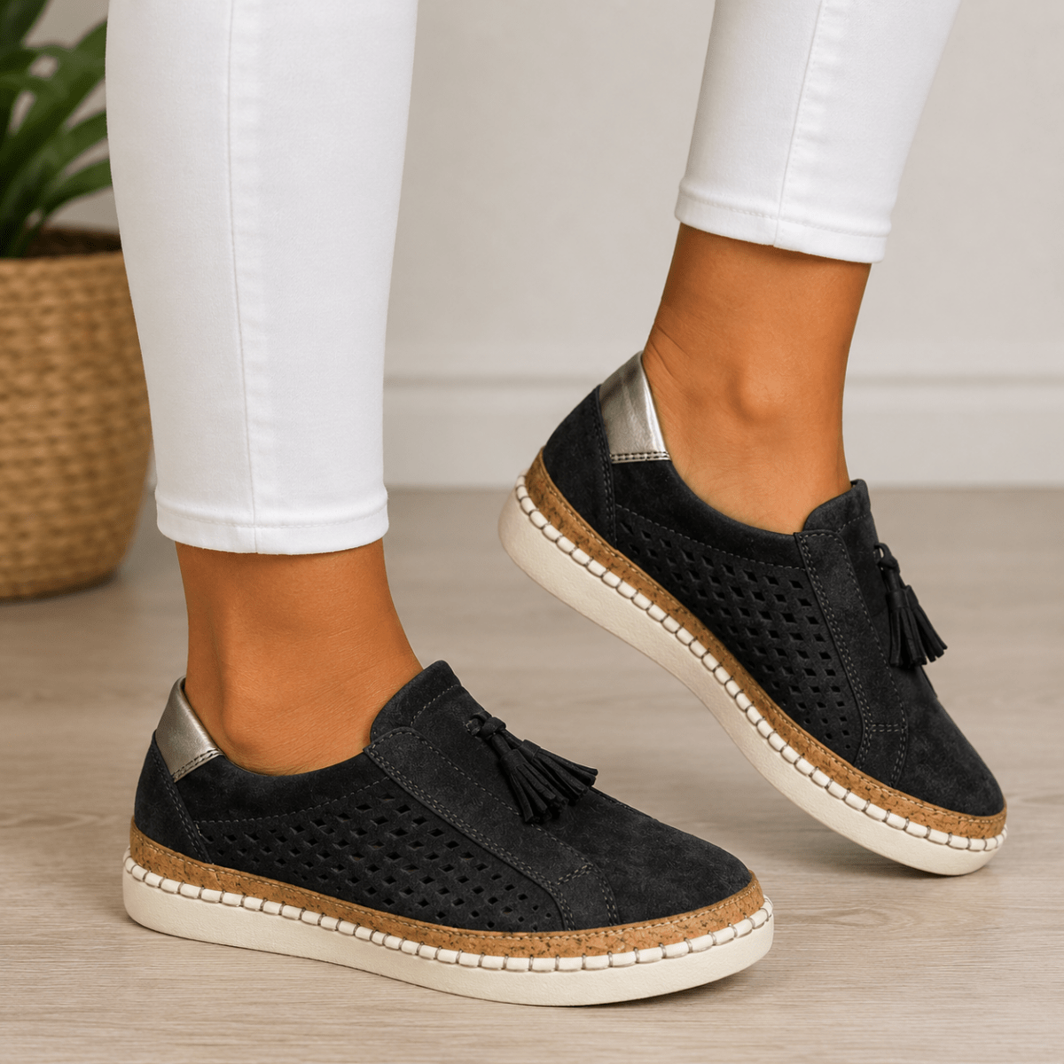 Carmen | Zapatillas Slip-On Perforadas con Borlas y Suela de Corcho - Isabel de Sevilla