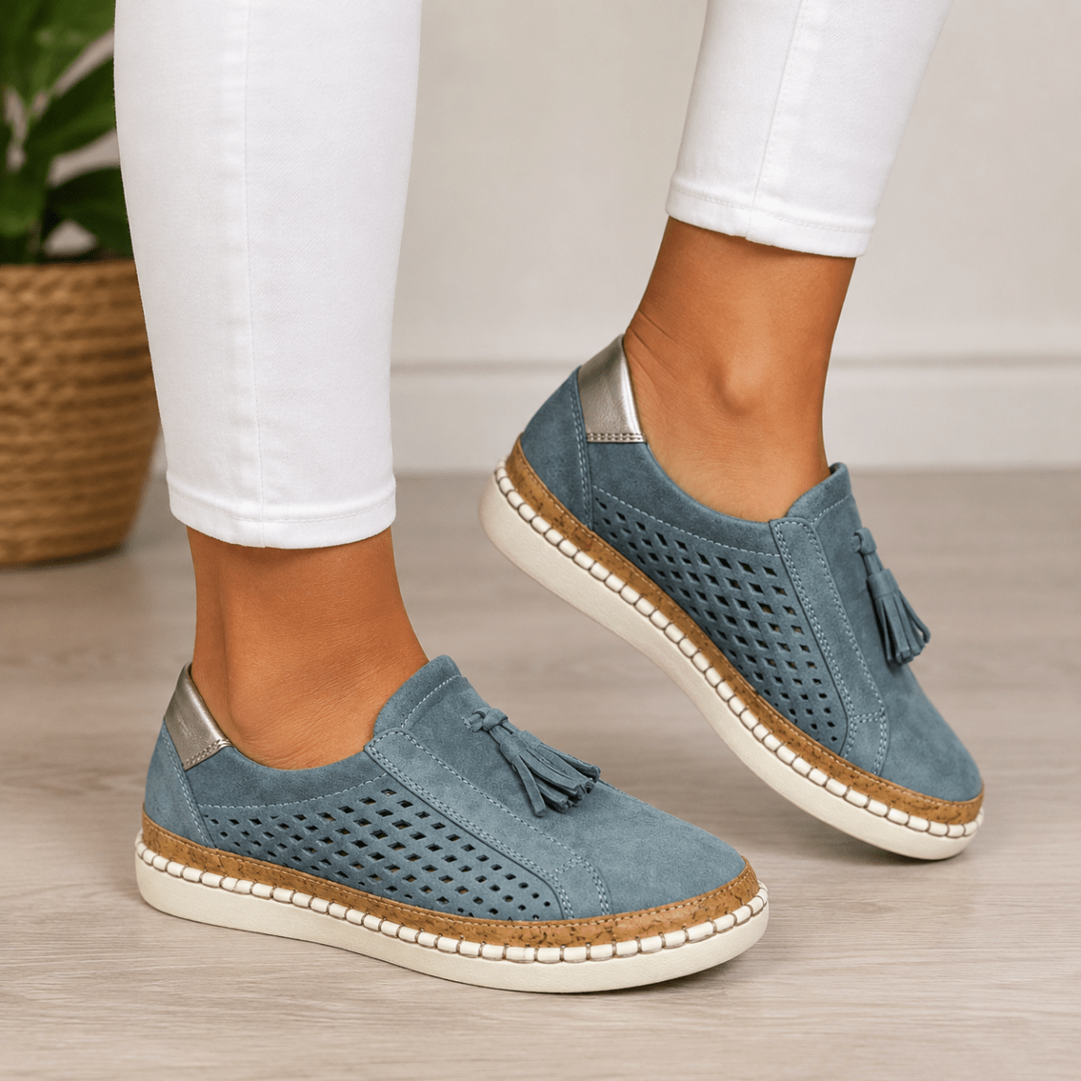 Carmen | Zapatillas Slip-On Perforadas con Borlas y Suela de Corcho - Isabel de Sevilla
