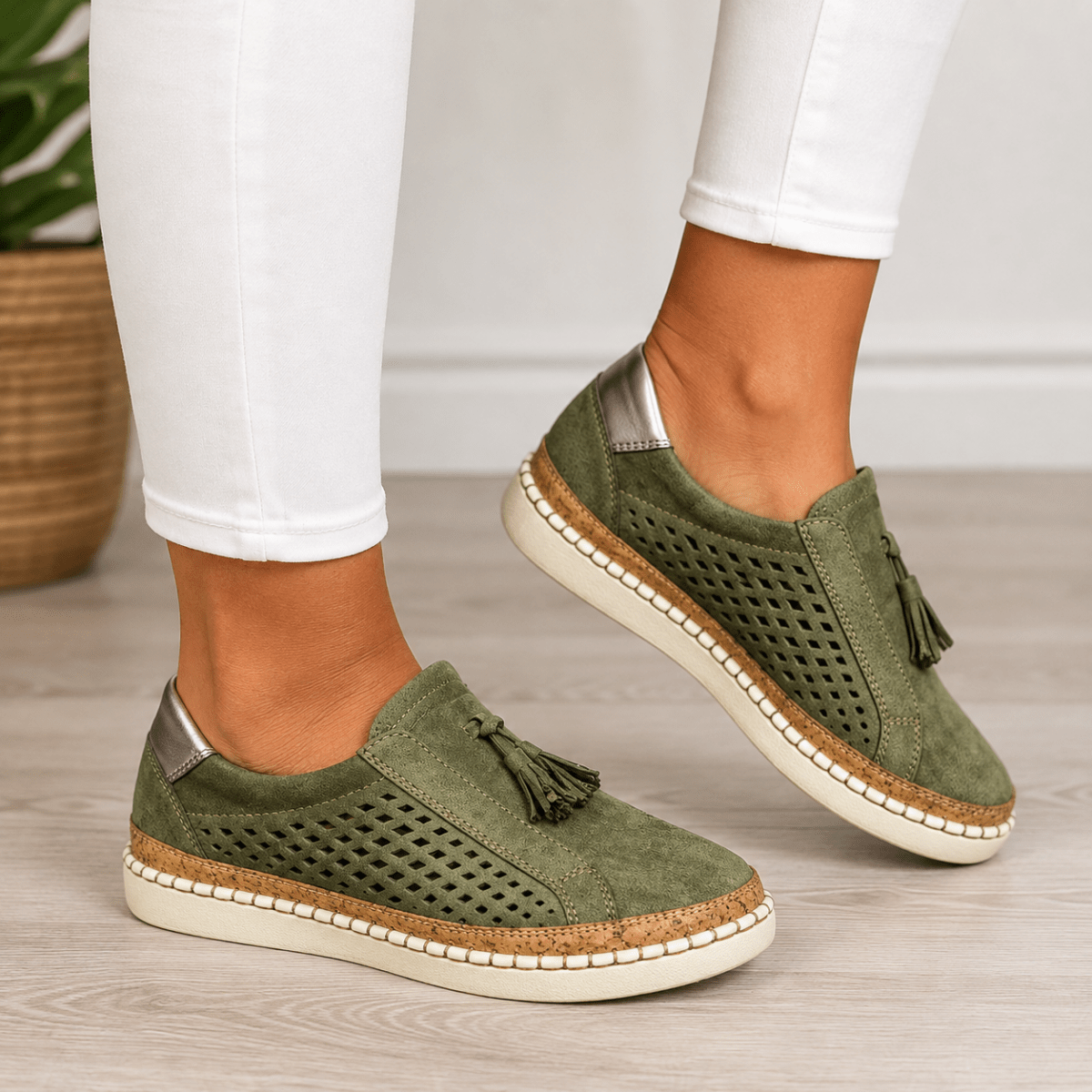Carmen | Zapatillas Slip-On Perforadas con Borlas y Suela de Corcho - Isabel de Sevilla