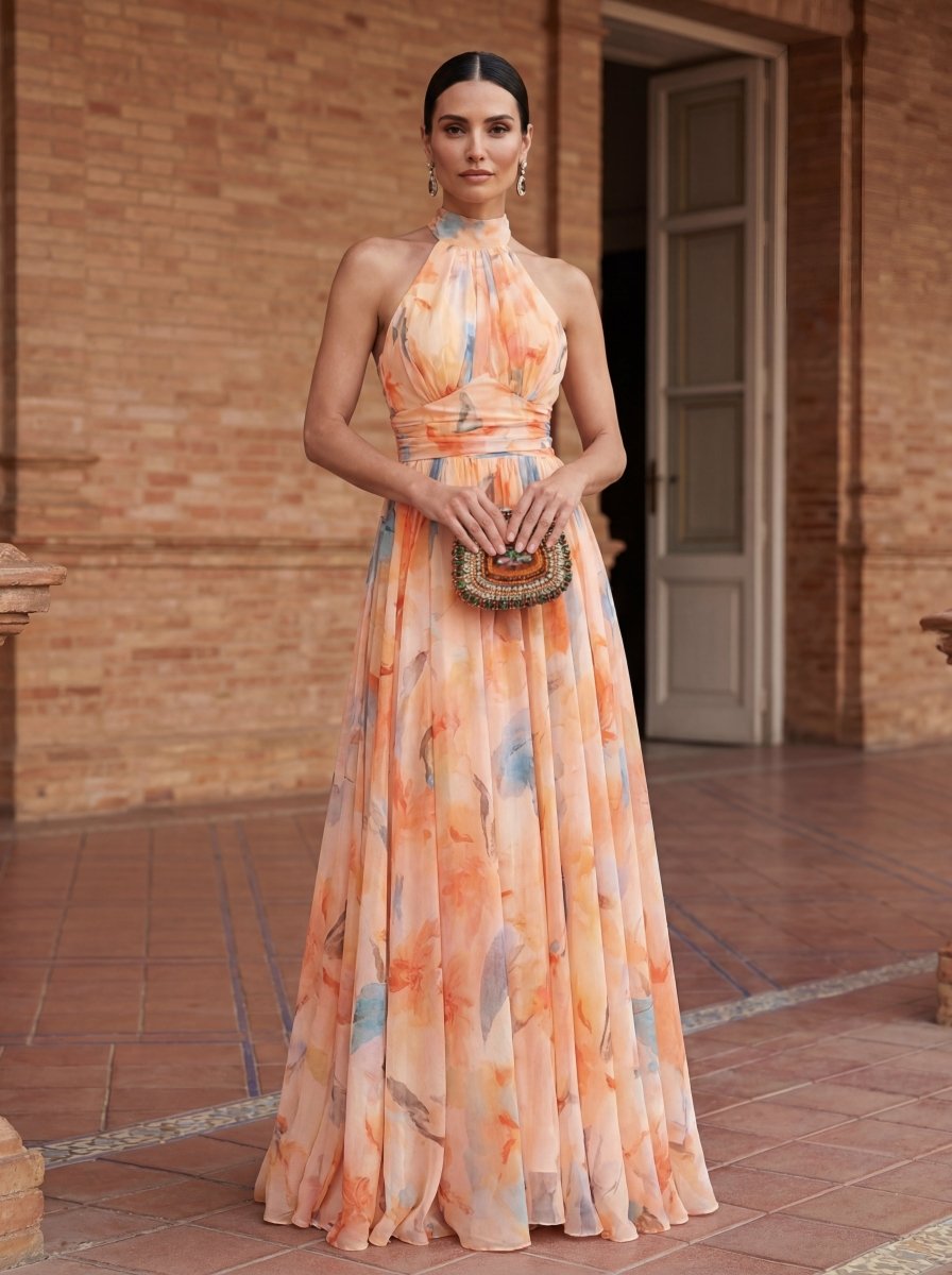 Esther | Vestido de Cuello Halter con Estampado de Acuarela - Isabel de Sevilla