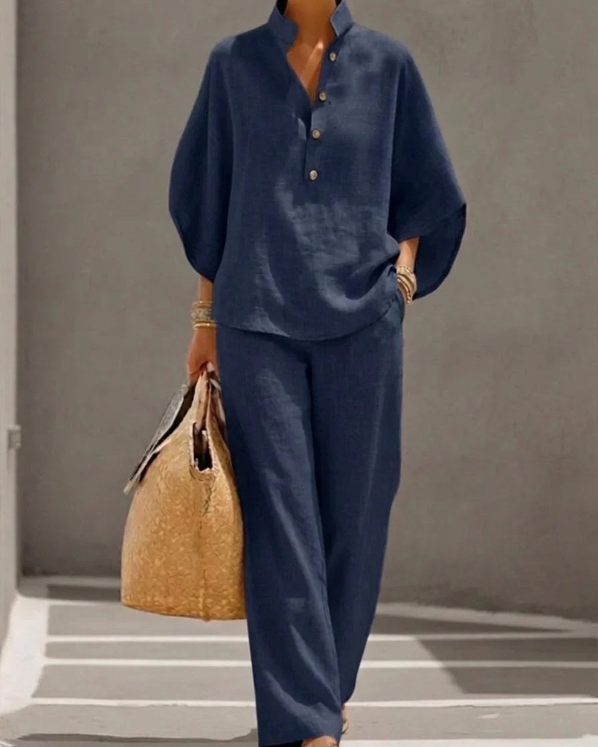 Maribel | Conjunto de lino con mangas murciélago y pantalón ancho