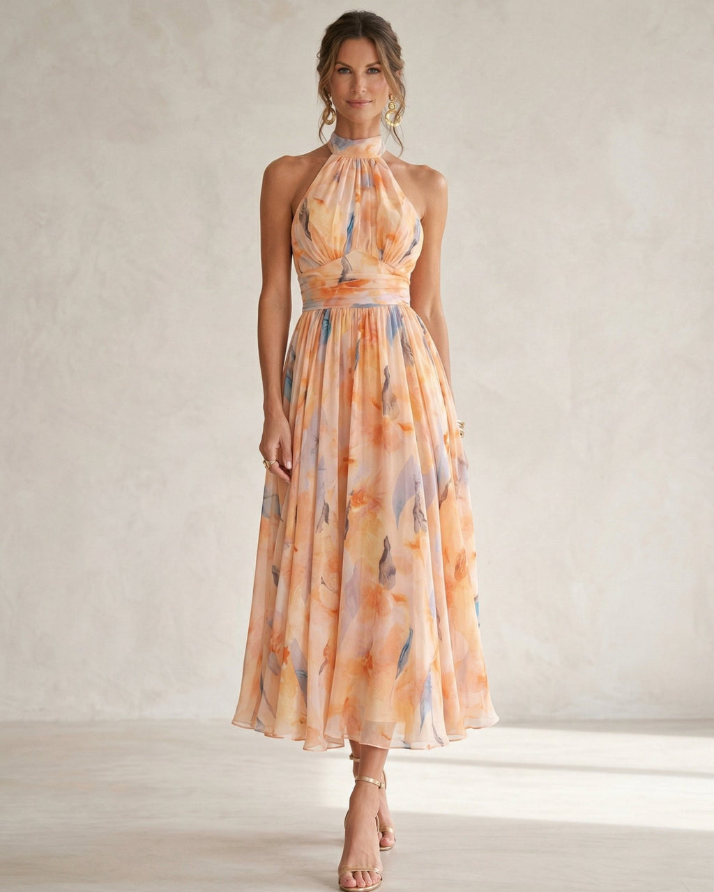 Esther | Vestido de Cuello Halter con Estampado de Acuarela