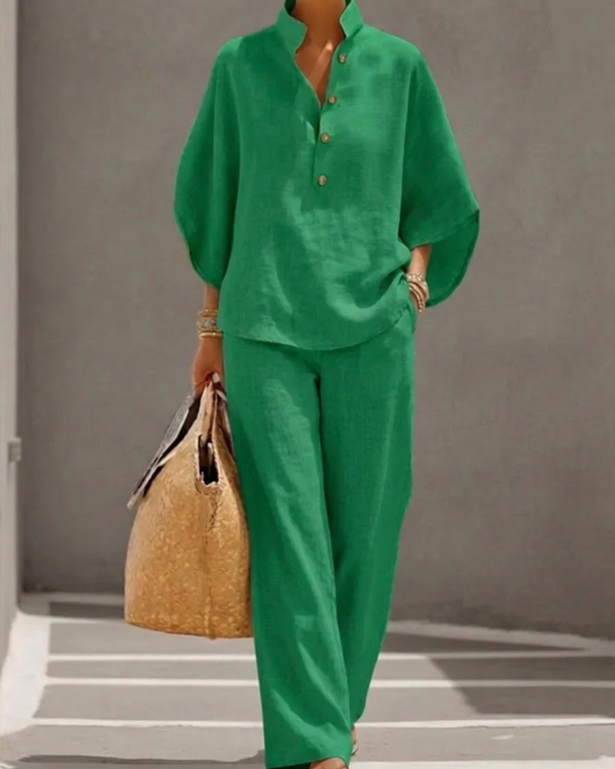 Maribel | Conjunto de lino con mangas murciélago y pantalón ancho
