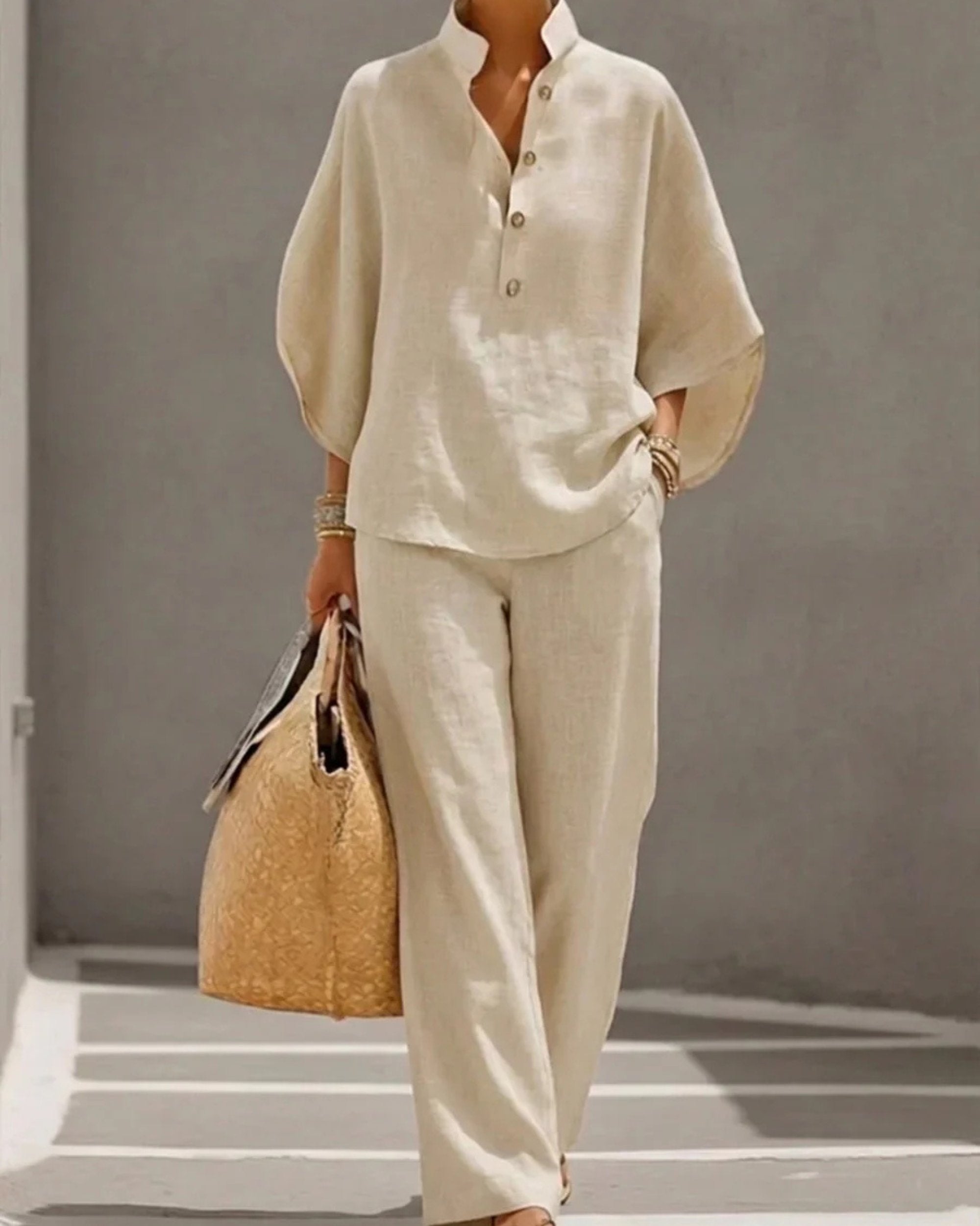 Maribel | Conjunto de lino con mangas murciélago y pantalón ancho