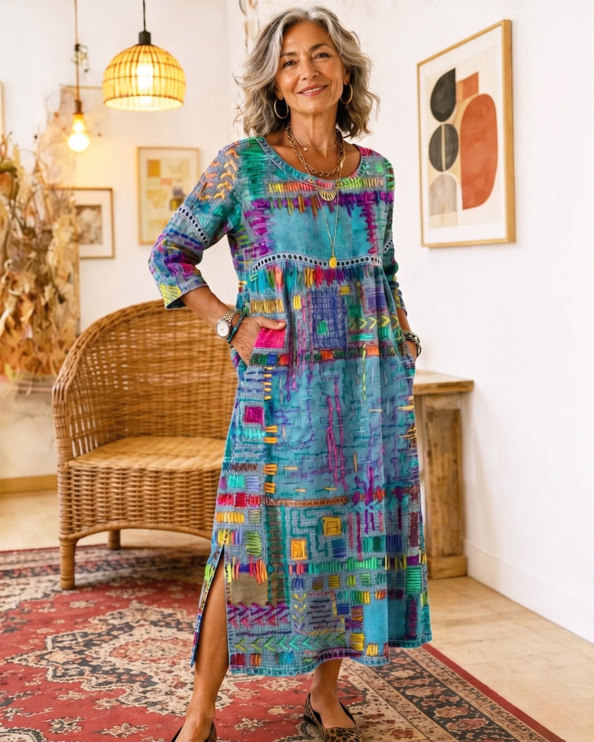 Manuela | Vestido Denim con Patchwork Étnico