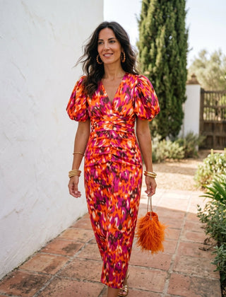 Carla | Vestido Midi Estampado con Mangas Abullonadas - Isabel de Sevilla