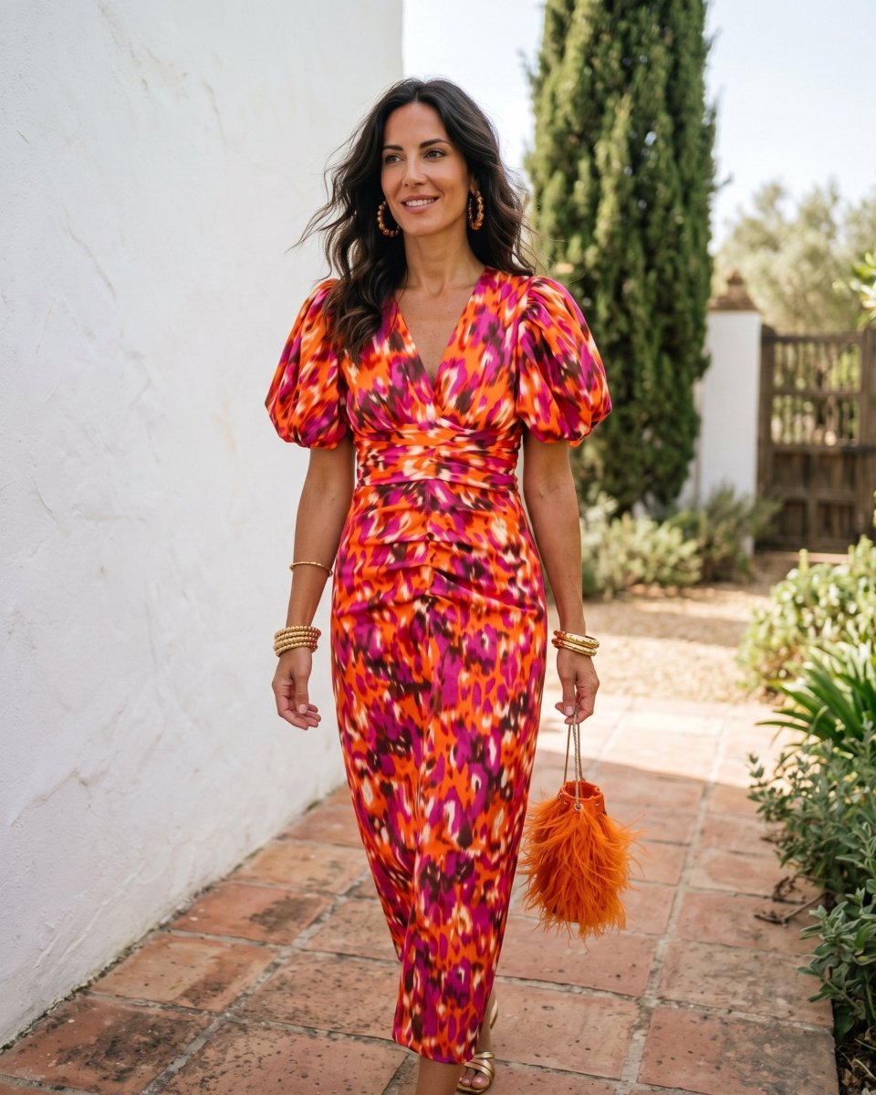 Carla | Vestido Midi Estampado con Mangas Abullonadas - Isabel de Sevilla