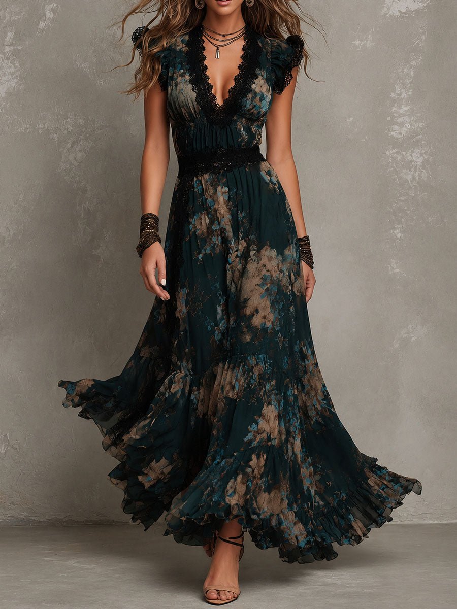 Andrea | Vestido Maxi Floral Bohemio con Escote en V y Encaje - Isabel de Sevilla