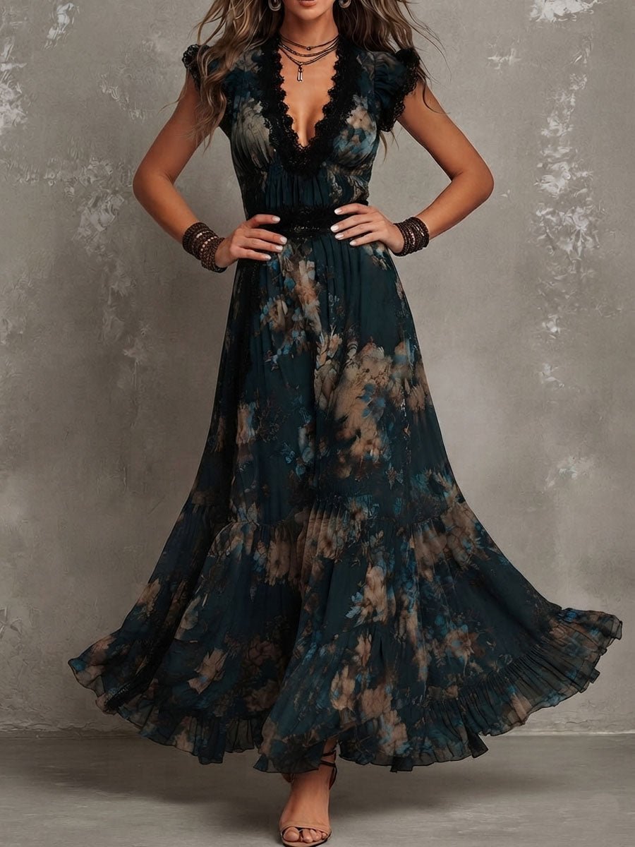Andrea | Vestido Maxi Floral Bohemio con Escote en V y Encaje - Isabel de Sevilla