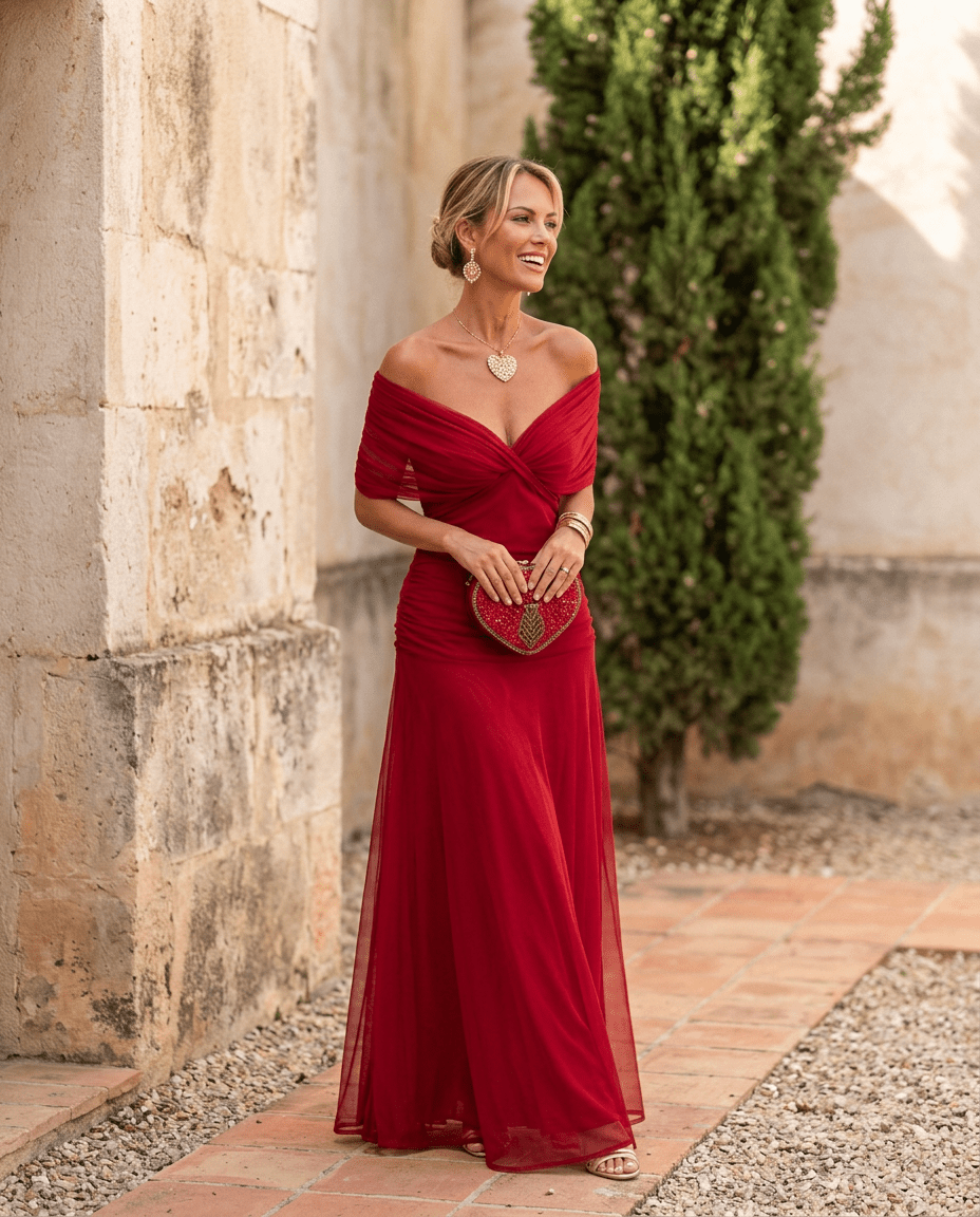 Vestido maxi elegante para fiesta con escote en corazón - Isabel de Sevilla