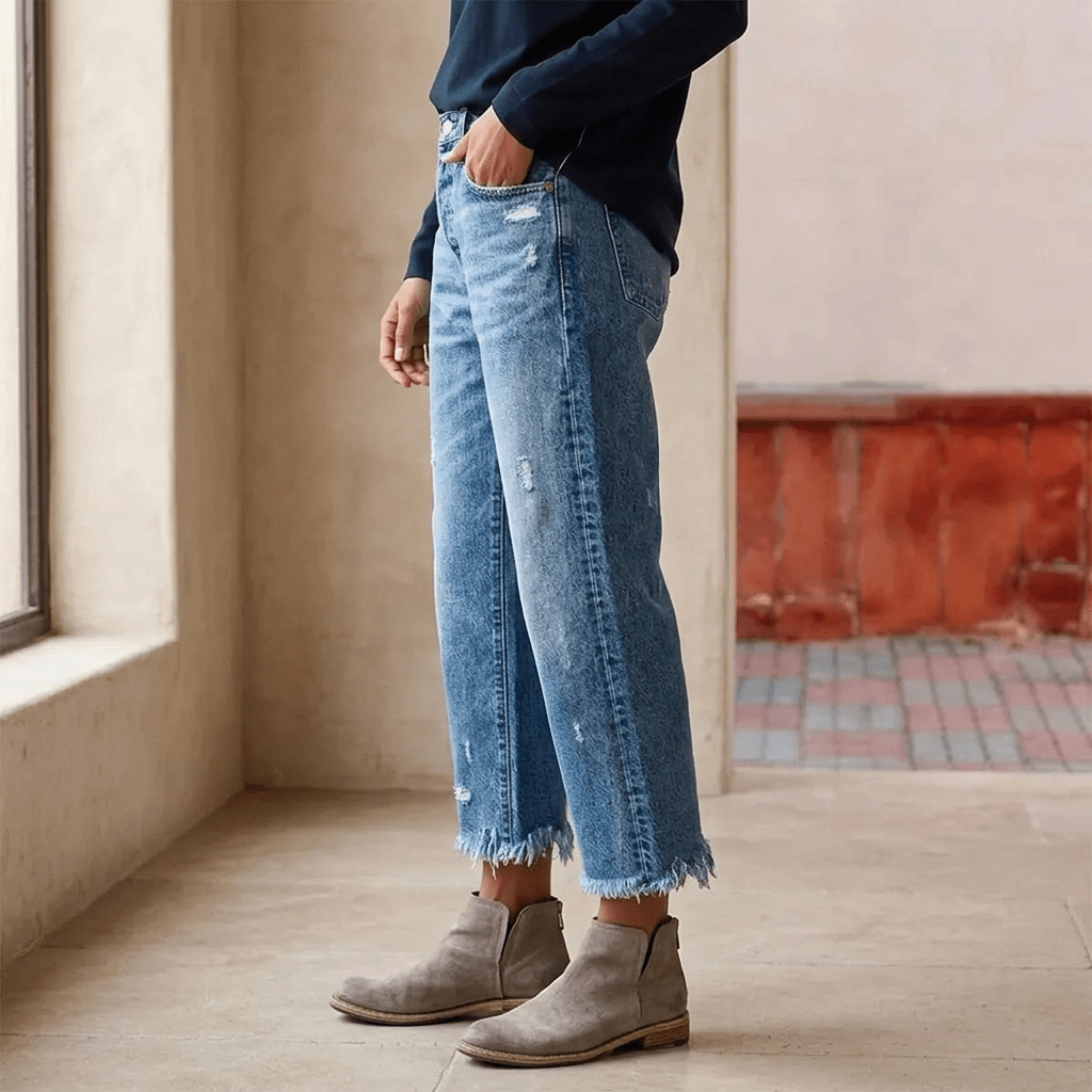 Alba | Vaqueros Rectos Cropped con Flecos Retro para Mujer - Isabel de Sevilla