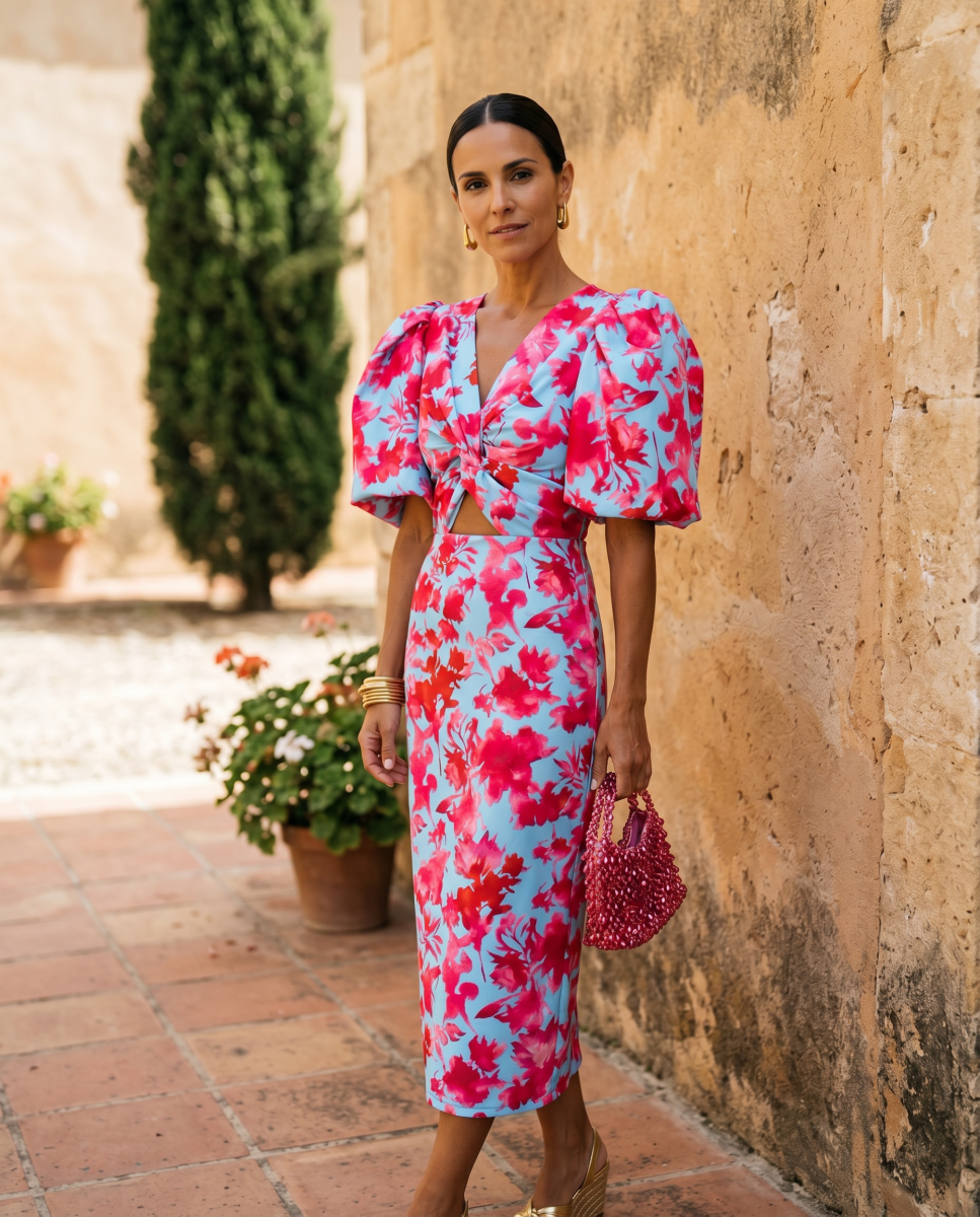 Carla | Vestido Midi Estampado con Mangas Abullonadas - Isabel de Sevilla