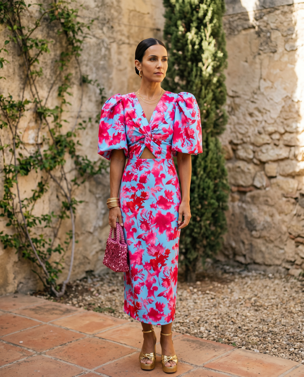 Carla | Vestido Midi Estampado con Mangas Abullonadas - Isabel de Sevilla