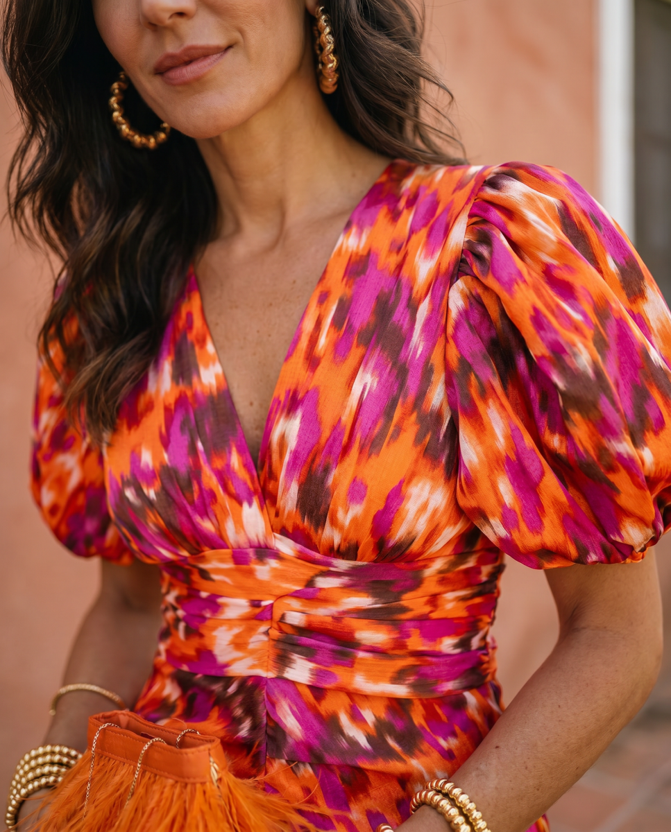 Carla | Vestido Midi Estampado con Mangas Abullonadas - Isabel de Sevilla