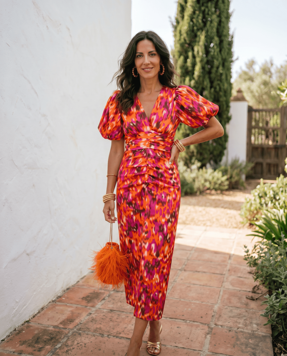 Carla | Vestido Midi Estampado con Mangas Abullonadas - Isabel de Sevilla