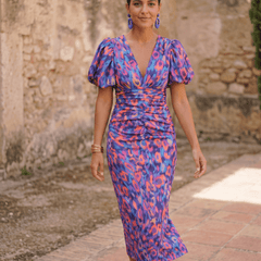 Carla | Vestido Midi Estampado con Mangas Abullonadas - Isabel de Sevilla