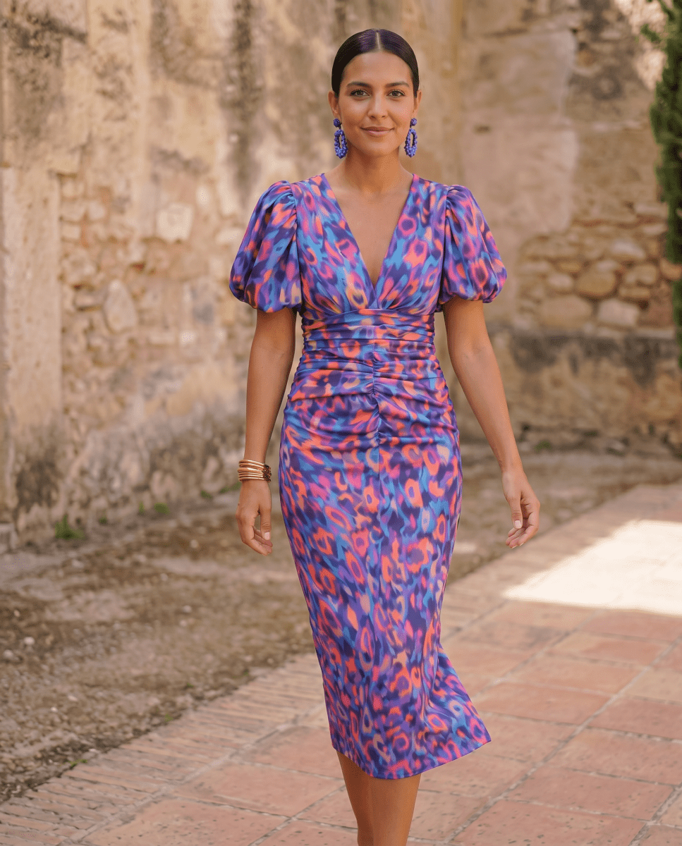 Carla | Vestido Midi Estampado con Mangas Abullonadas - Isabel de Sevilla